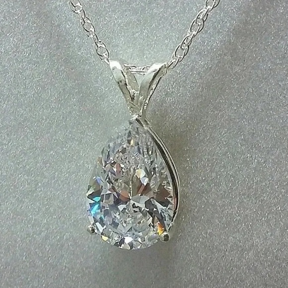 Silver Plated Teardrop Cubic Zirconia Pendant Necklace - Picture 1 of 6